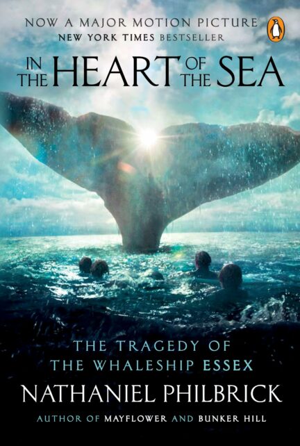 Four people floating in a sea look on at a tail fin of a large whale just below the surface.