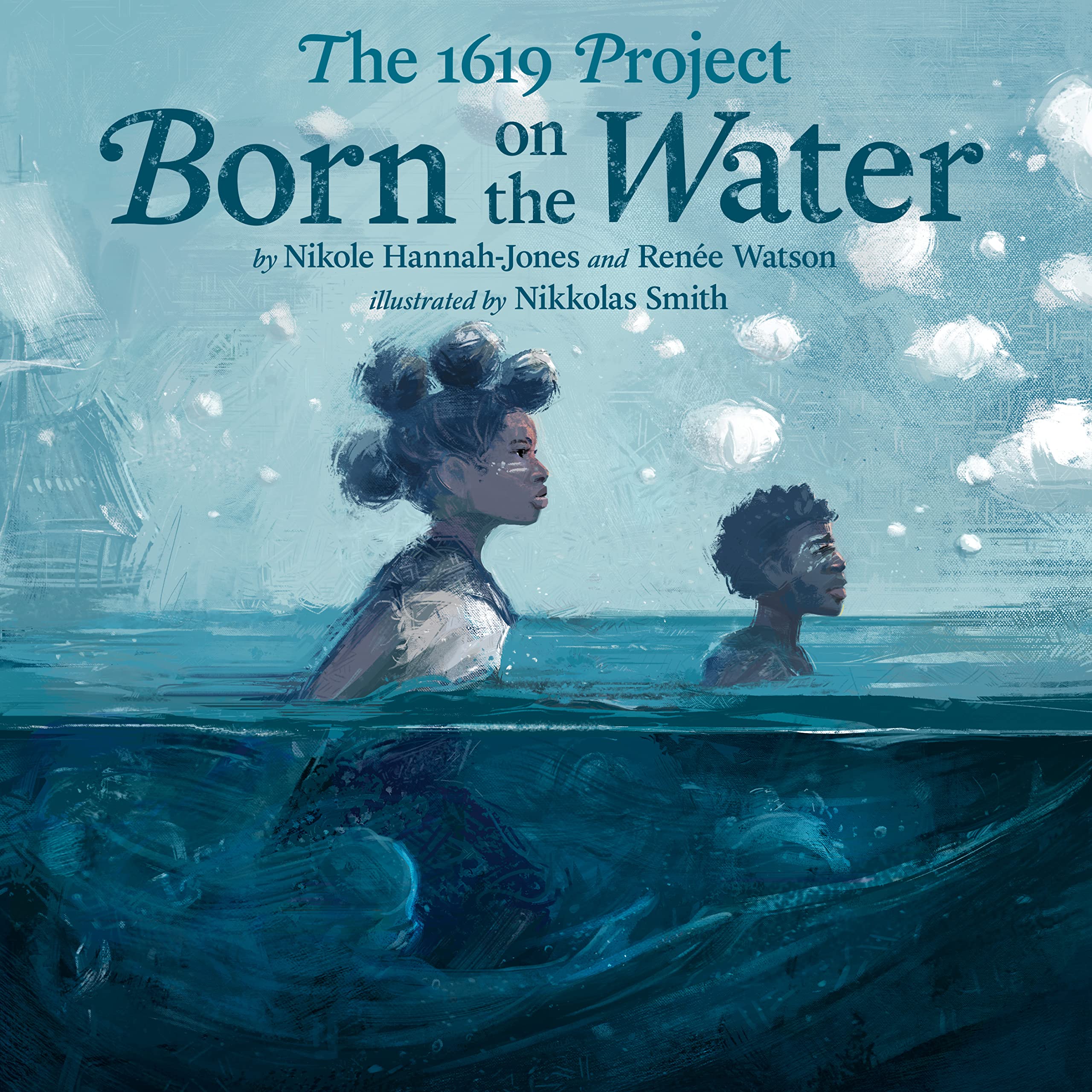 Two children walking through water