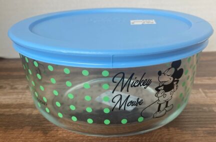 Pyrex Mickey Mouse 4-Cup Round Glass Storage Container with Blue Airtight Lid