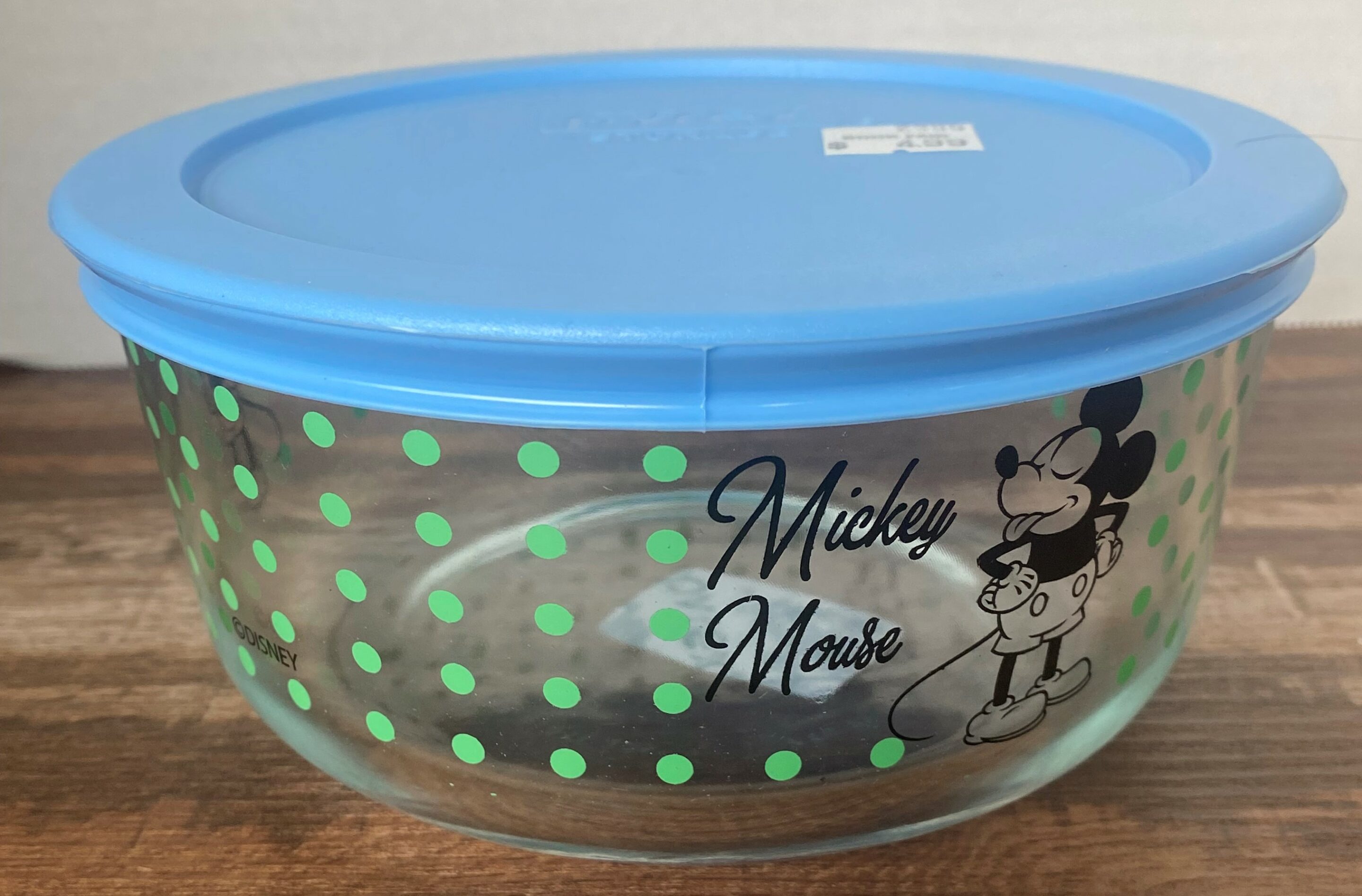 Pyrex Mickey Mouse 4-Cup Round Glass Storage Container with Blue Airtight Lid