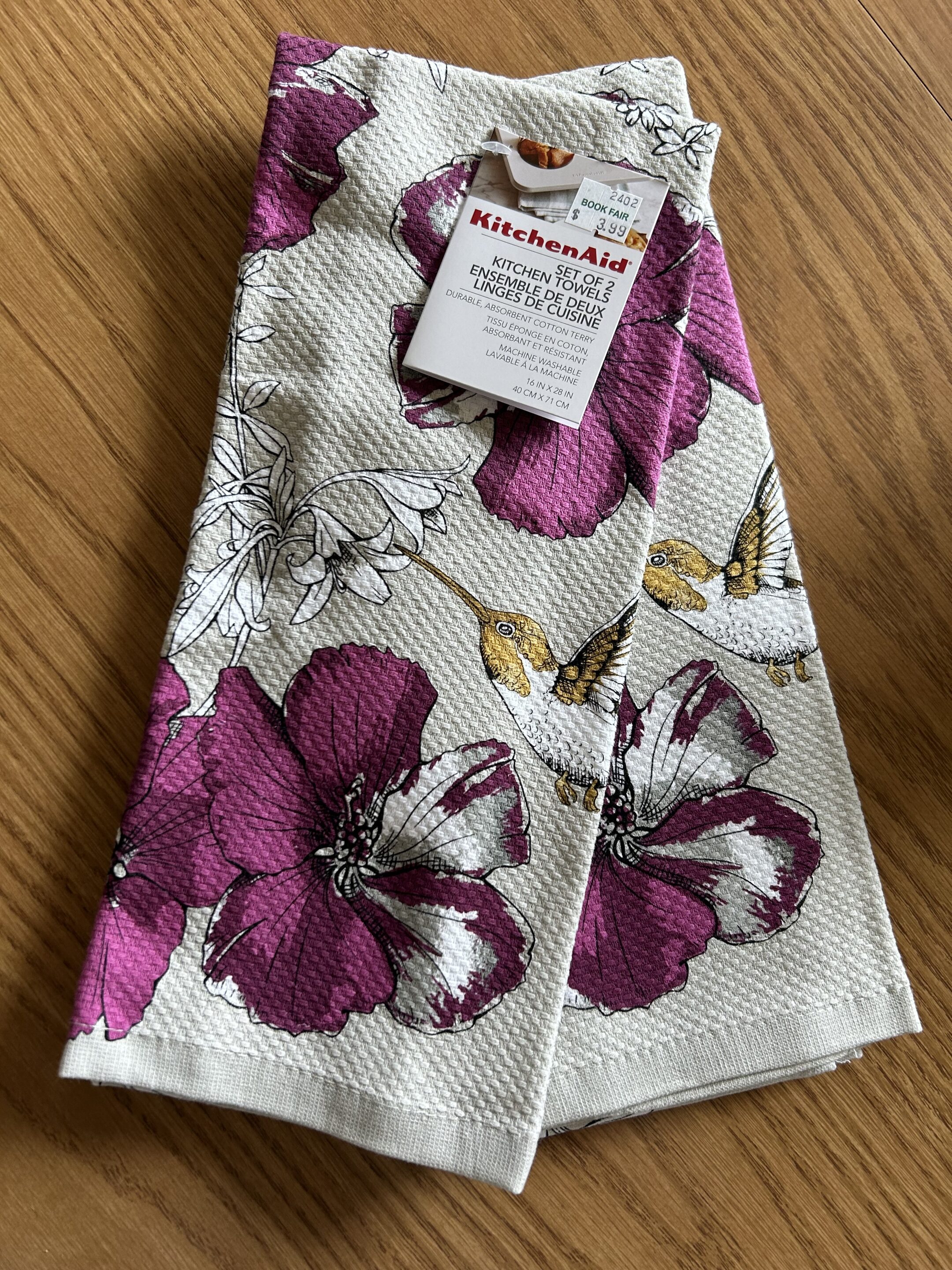 Beet & Grey Flowers and Hummingbirds Set of 2 Kitchen Towels 16" x 28" Each