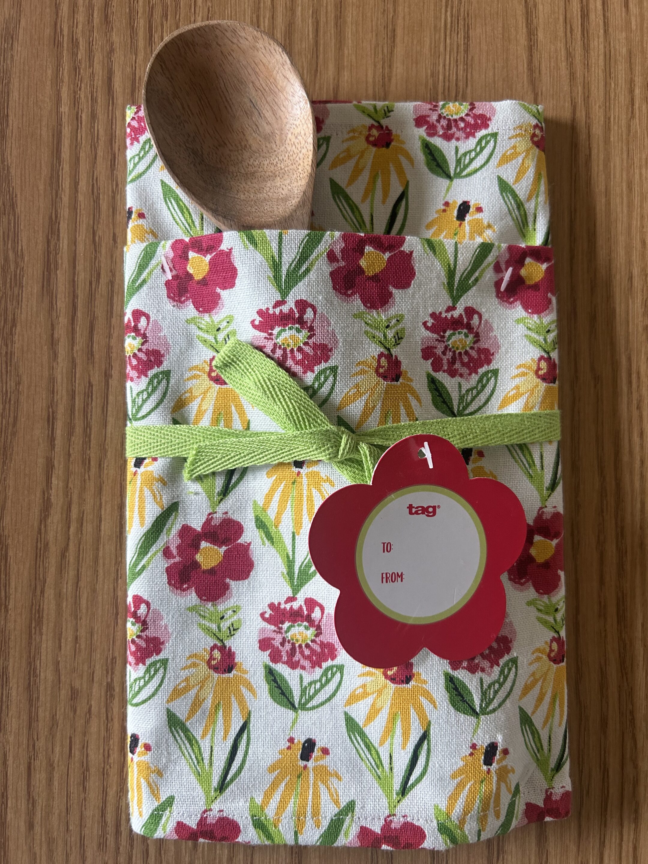 Summer Meadow Dishtowel 18" x 26" in Yellow and Fuchsia & Wooden Spoon Gift Set