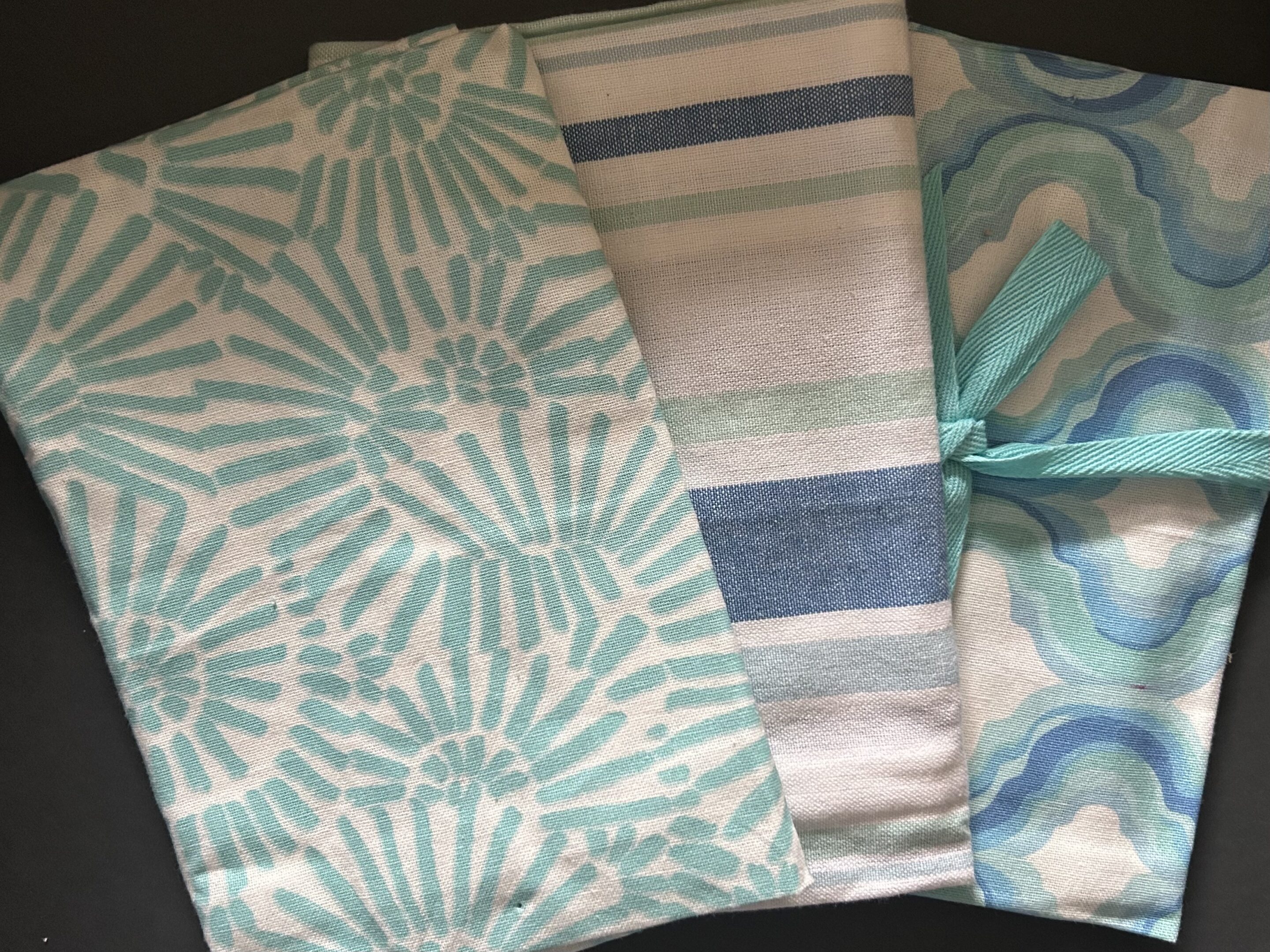 Teal Blue and White 3 Pack Dishtowels 18" x 26" Each