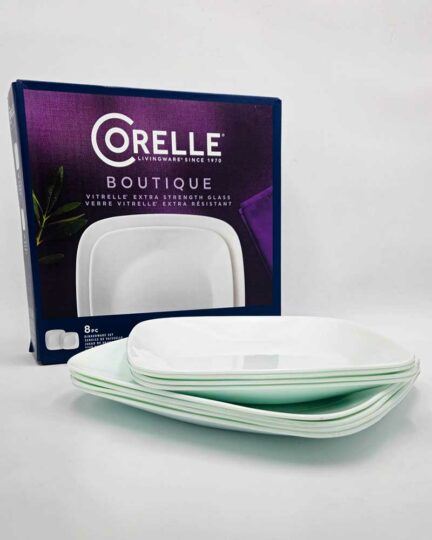 Corelle Boutique box with 4 dinner plates and 4 salad plates.