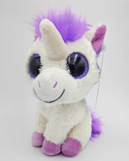 Purple and white unicorn plush stuffed animal toy.